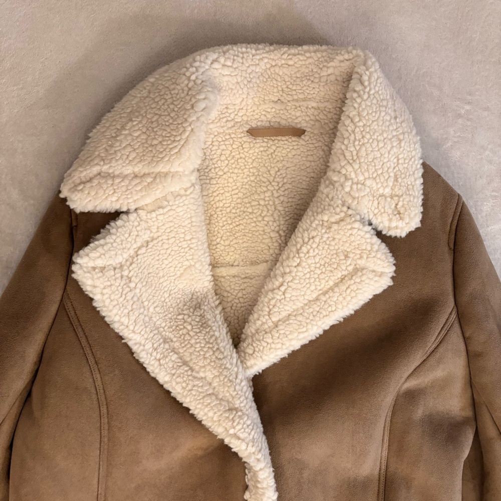 Boden Bell Teddy Tan Faux Suede Faux Shearling Lined and Trimmed Long Coat Sz 16 - Picture 6 of 14